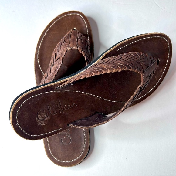 Men’s COLE HAAN Braided Brown Genuine Leather Thong Flip Flops Sandals Sz 9M - Picture 5 of 13